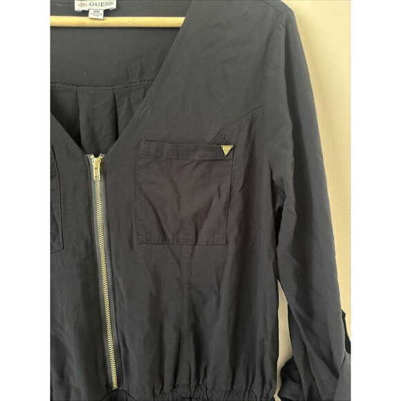 GUESS Women’s Black Romper Size M Rolled Sleeve Gold Zip Front One Piece - Picture 2 of 7